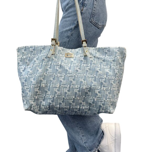 FENDI Vintage Zucca Monogram Denim Shoulder Tote Large Bag Blue FF Logo [106208] - Picture 4 of 16